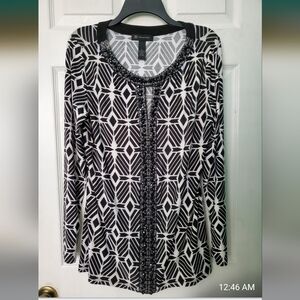NWOT  INC Embellished ELEGANT BEADED Black/White PATERN Stretch Fabric Blouse